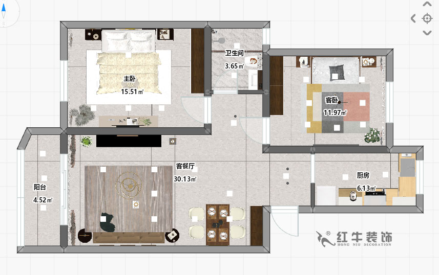 房亮_紅山機電花園4-104-85㎡-現(xiàn)代簡約風格_2室2廳1衛(wèi)（老房裝修）_成品家￥111499_全包11萬00_03彩平圖