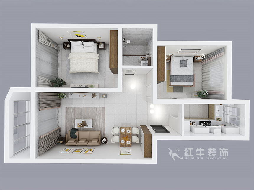 房亮_紅山機電花園4-104-85㎡-現(xiàn)代簡約風格_2室2廳1衛(wèi)（老房裝修）_成品家￥111499_全包11萬00_04鳥瞰圖