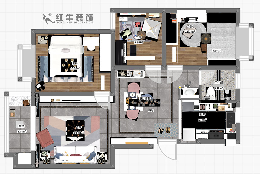 朱明琪_雙和園15-1-702-95㎡-簡(jiǎn)美風(fēng)格_3室2廳1衛(wèi)（老房裝修）_成品家￥128088_全包13萬00_03彩平圖