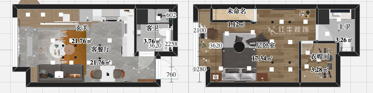 張智猿｜海賦尚城6-508-40㎡挑高-現(xiàn)代簡約風格｜1室1廳1衛(wèi)｜新房裝修｜定制家￥100000｜全包11萬｜00_04彩平圖
