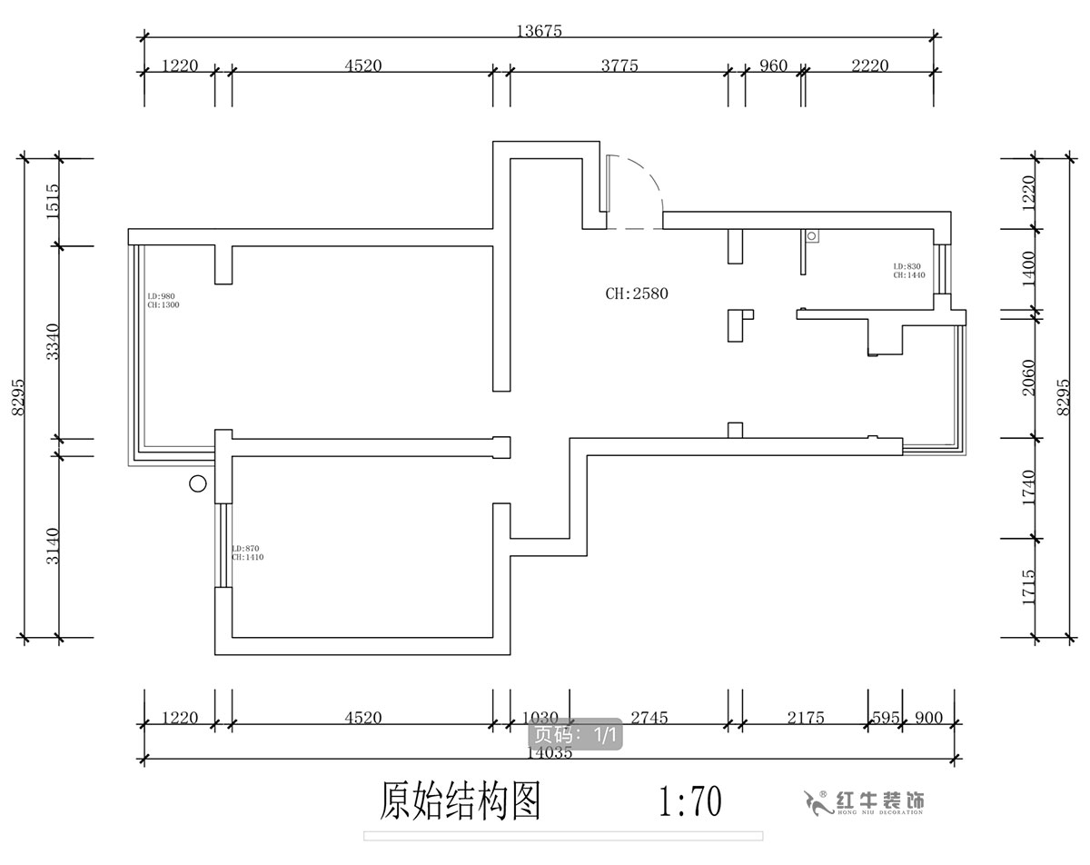 蔣琛｜安泰村21-401-80㎡-現(xiàn)代簡約風格｜2室1廳1衛(wèi)｜舊房裝修｜定制家￥126767｜全包12萬｜00_01原始結構圖