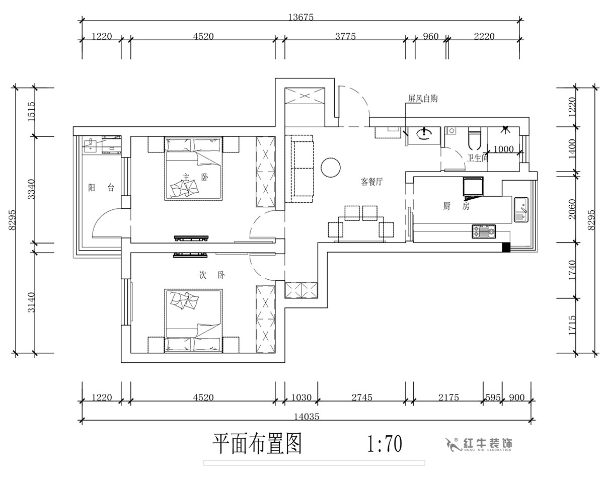 蔣?。蔡┐?1-401-80㎡-現(xiàn)代簡約風格｜2室1廳1衛(wèi)｜舊房裝修｜定制家￥126767｜全包12萬｜00_02平面布置圖