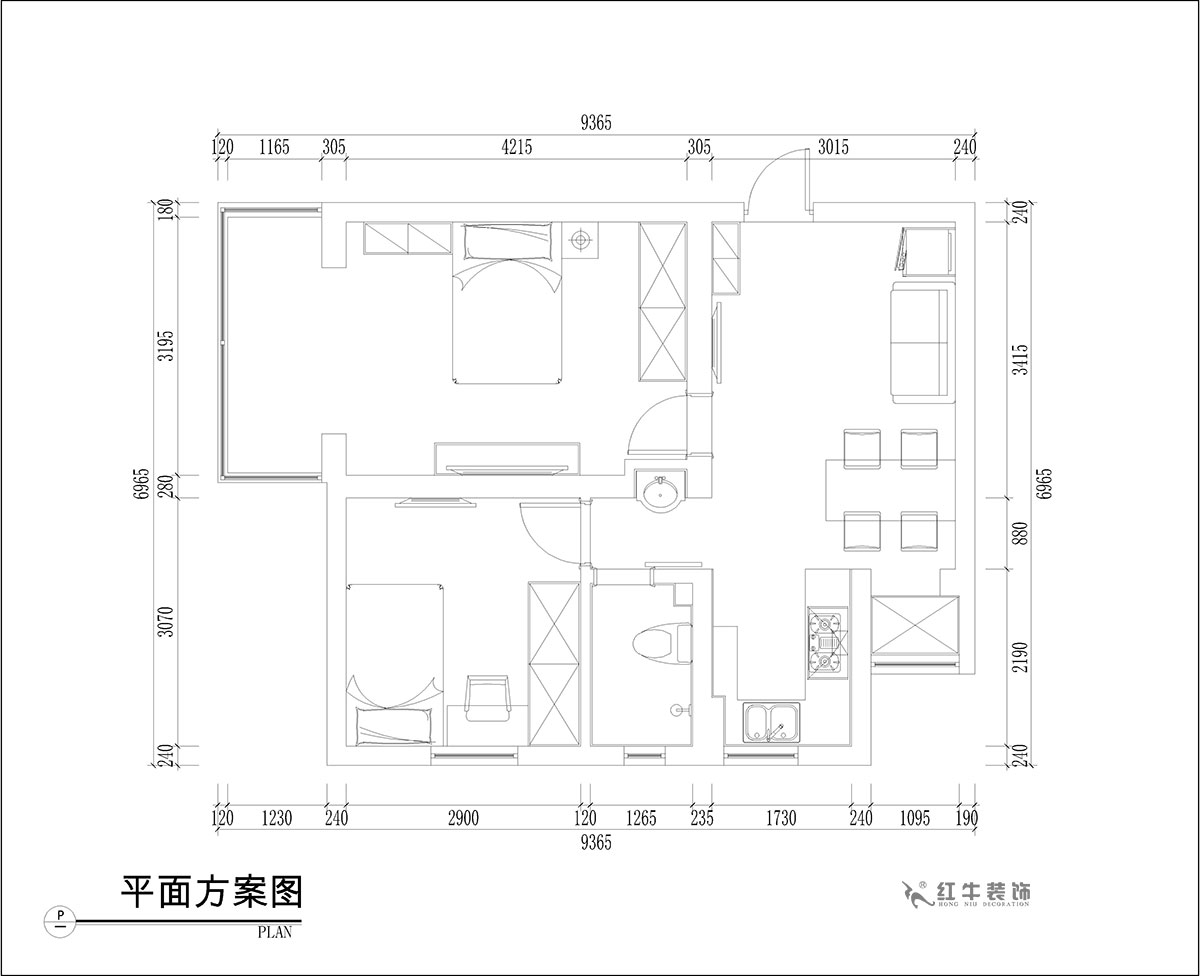 張桐瑋｜騰飛園7-104-58㎡-現(xiàn)代簡約風(fēng)格｜2室1廳1衛(wèi)｜舊房改造｜定制家￥65000｜全包10萬｜00_02平面方案圖