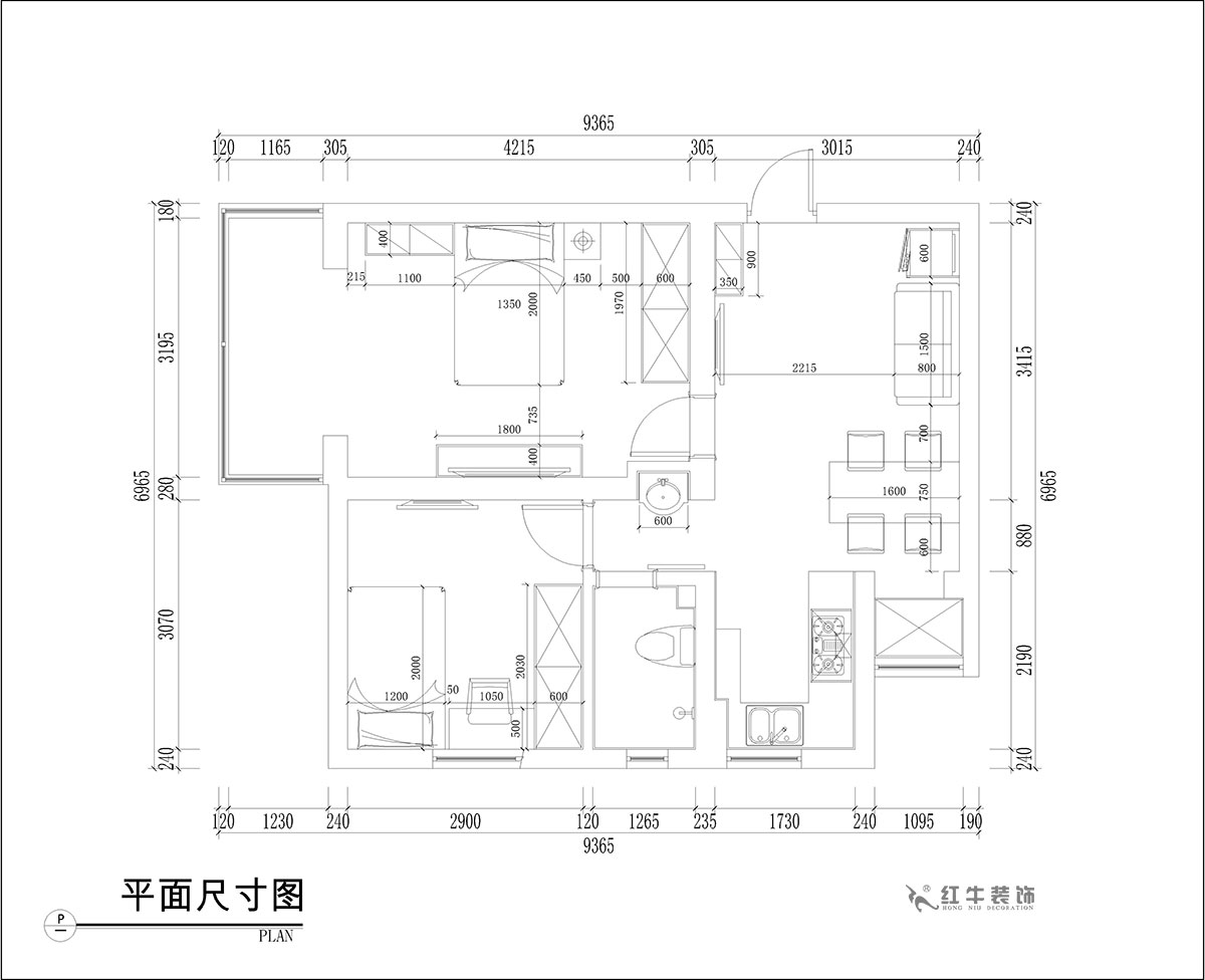張桐瑋｜騰飛園7-104-58㎡-現(xiàn)代簡約風(fēng)格｜2室1廳1衛(wèi)｜舊房改造｜定制家￥65000｜全包10萬｜00_03平面尺寸圖