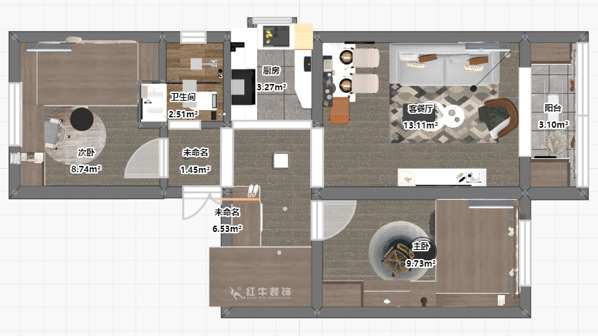 孟憲濤｜張府園小區(qū)20號(hào)202室-70㎡-簡約風(fēng)格｜2室1廳1衛(wèi)｜老房裝修｜定制家￥95000｜全包12萬｜00_03平面彩圖