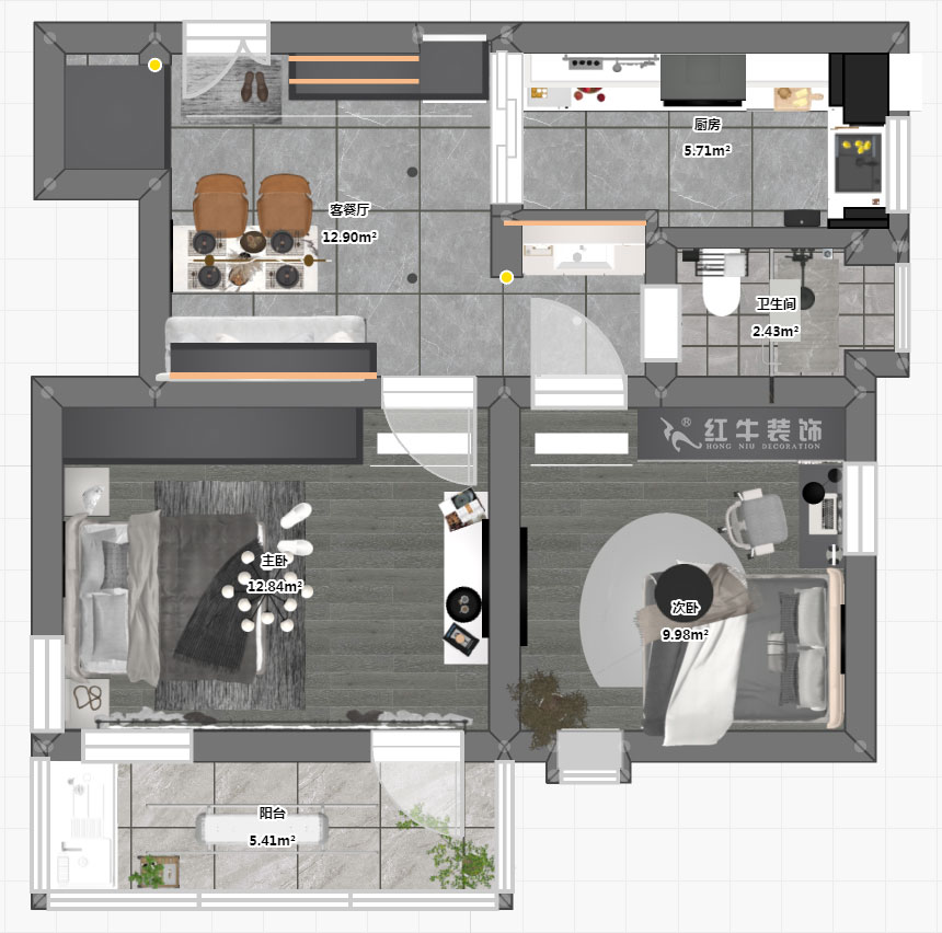 蔣?。珗@路44號小區(qū)3-204-60㎡-現(xiàn)代簡約風格｜2室1廳1衛(wèi)｜舊房裝修｜定制家｜全包10萬｜00_03平面彩圖