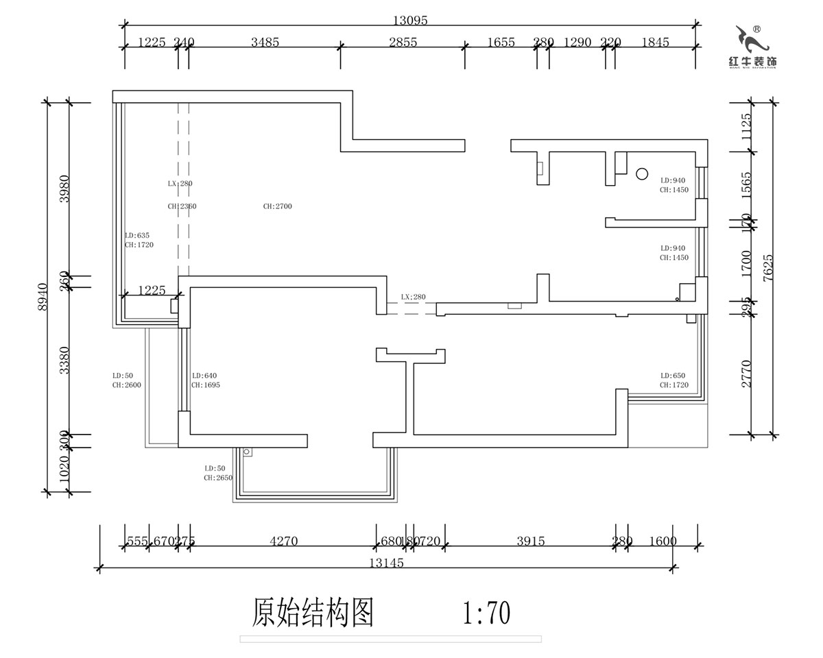 蔣?。霄沃腥A廣場11-601-110㎡-現(xiàn)代簡約風(fēng)格｜2室2廳1衛(wèi)｜舊房裝修｜定制家￥140400｜全包15萬｜00_01原始結(jié)構(gòu)圖
