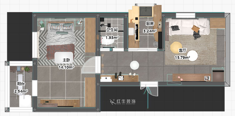 孟憲濤｜大光路菜市口1號2-2-205-50㎡-簡約風格｜1室1廳1衛(wèi)｜老房裝修｜定制家｜全包9萬｜00_03平面彩圖