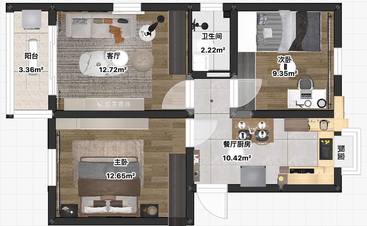 朱彥｜普德村118號4-406-65㎡-簡約風(fēng)格｜2室2廳1衛(wèi)｜老房裝修｜定制家｜全包11萬｜00_03平面彩圖