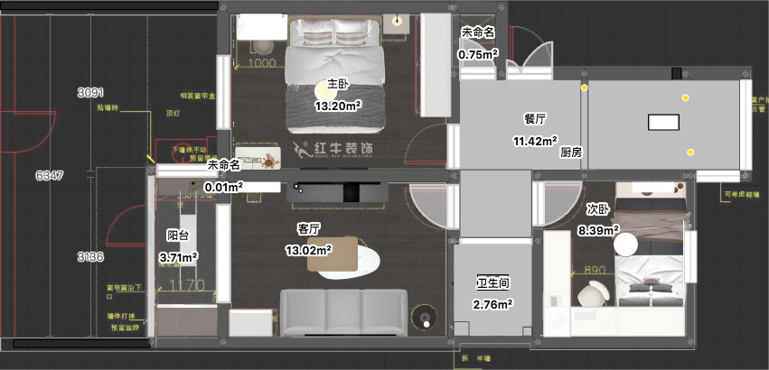 蔣?。驳吕?0號(hào)玻纖院小區(qū)14-103-65㎡-現(xiàn)代簡(jiǎn)約風(fēng)格｜3室1廳1衛(wèi)｜老房裝修｜定制家｜全包10萬(wàn)｜00_03平面彩圖