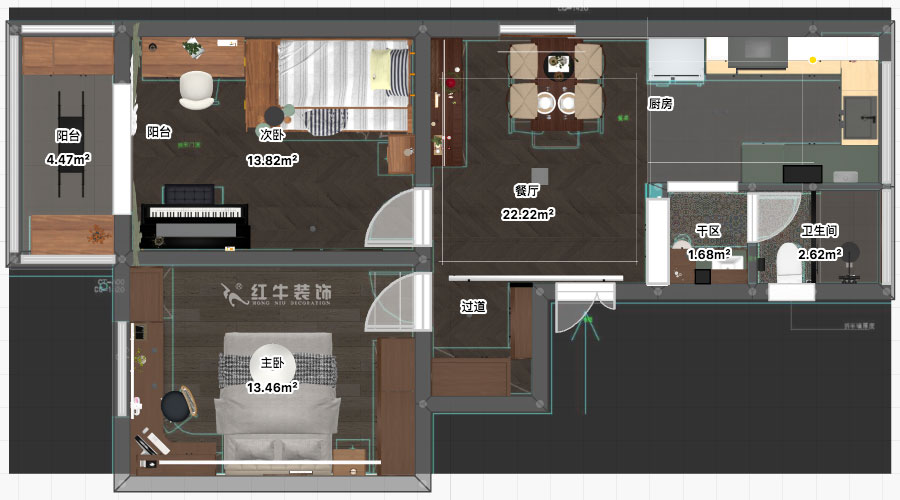 孟憲濤｜寧夏路18號(hào)3-204-70㎡-現(xiàn)代風(fēng)格｜2室2廳1衛(wèi)｜老房裝修｜定制家｜全包12萬(wàn)｜00_03平面彩圖