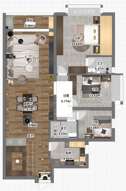 吳波｜京隆名爵府3-1107-165㎡-現(xiàn)代風(fēng)格｜3室2廳2衛(wèi)｜新房裝修｜定制家｜全包21萬｜00_04平面彩圖