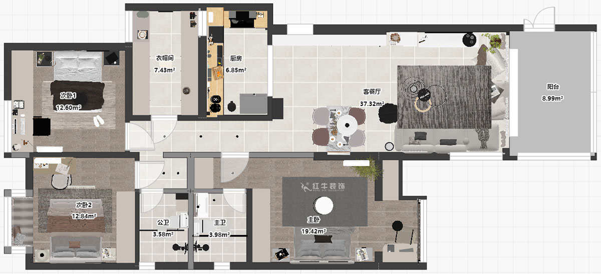 蔣?。袞|花園39-210-140㎡-現(xiàn)代簡約風格｜4室2廳2衛(wèi)｜新房裝修｜定制家｜全包17萬｜00_03平面彩圖